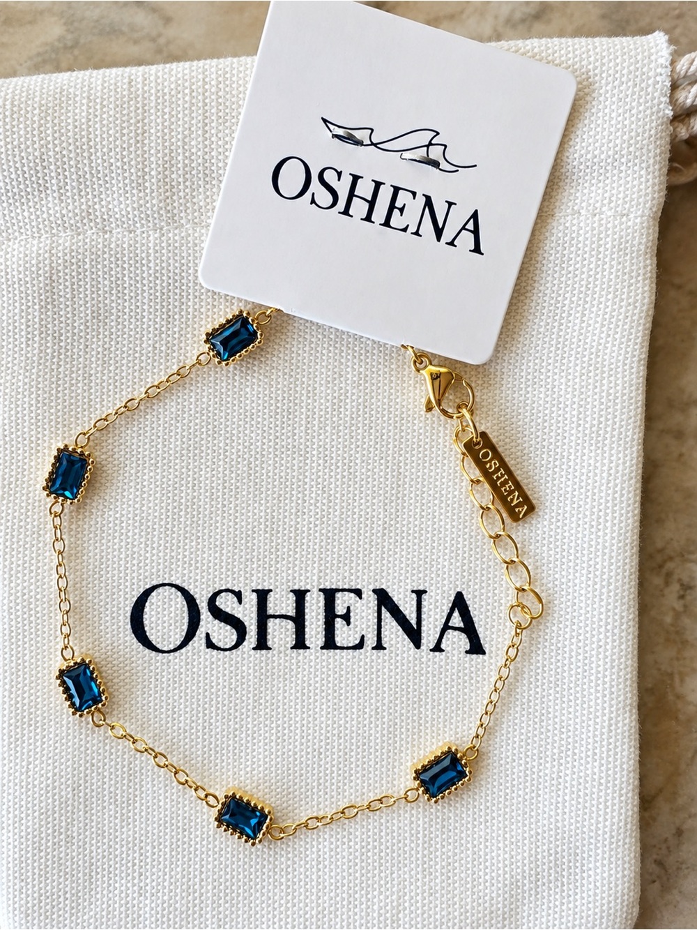 OSHENA Blue Crystal Gold Dainty Tennis Bracelet NWT